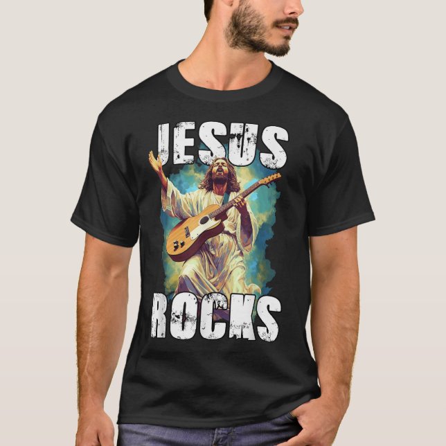 Jesus Rocks With Guitar - Funny Christian Rocks Ch T-Shirt (Front)