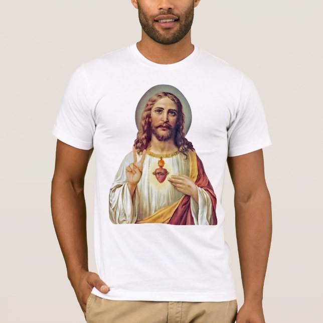 Jesus Sacred Heart Peace Sign Portrait T-Shirt (Front)