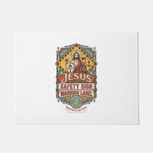 Jesus Safety Sign Warning Label Jesus Safety Sign  Doormat