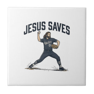 Jesus Saves Baseball Pitcher Vintage Engraving Shi Ceramic Tile