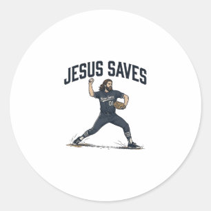 Jesus Saves Baseball Pitcher Vintage Engraving Shi Classic Round Sticker