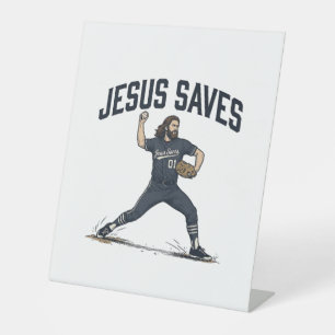 Jesus Saves Baseball Pitcher Vintage Engraving Shi Pedestal Sign