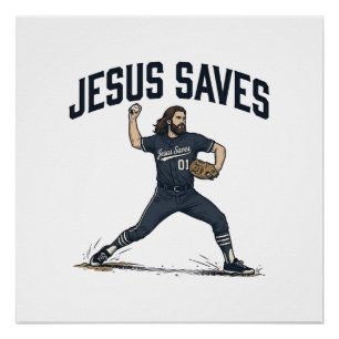 Jesus Saves Baseball Pitcher Vintage Engraving Shi Poster