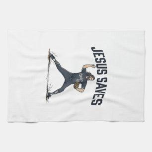Jesus Saves Baseball Pitcher Vintage Engraving Shi Tea Towel