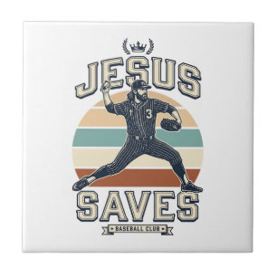 Jesus Saves Baseball Vintage Christian Vector Desi Ceramic Tile