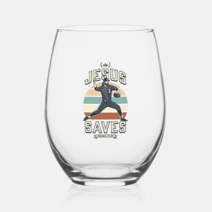 Jesus Saves Baseball Vintage Christian Vector Desi Stemless Wine Glass