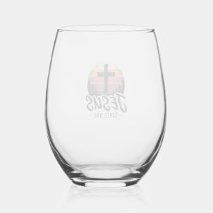 Jesus Saves Bro Vintage Christian Cross Shirt Desi Stemless Wine Glass