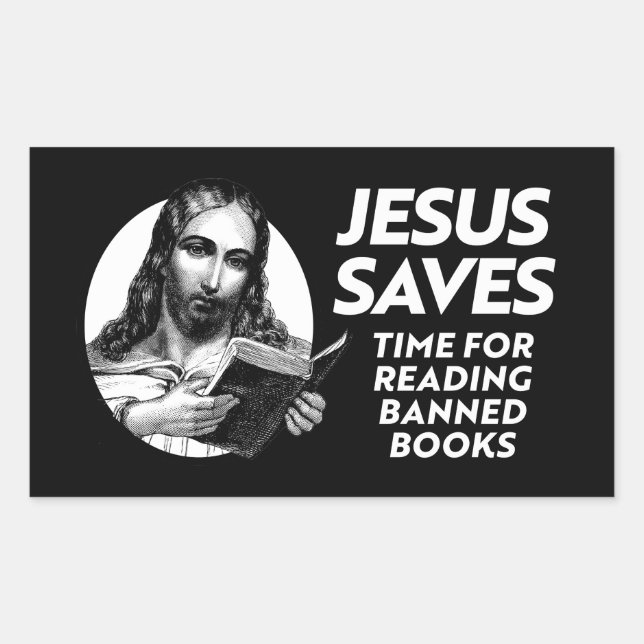 Jesus saves by checking out library books rectangular sticker (Front)