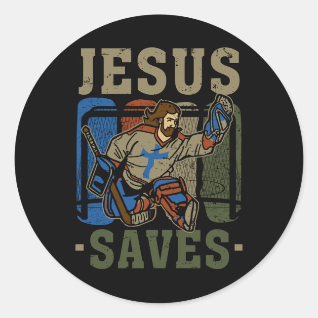Jesus Saves Ice Hockey Goalie Sport Religious Chri Classic Round Sticker (Front)