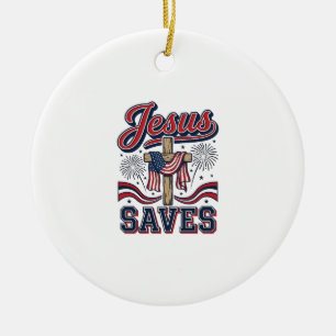Jesus Saves Patriotic Christian Vintage Shirt Desi Ceramic Ornament