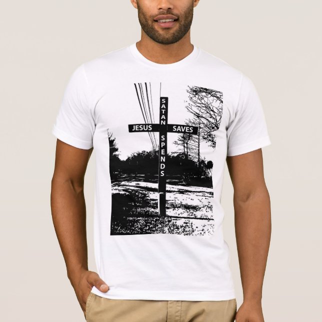 Jesus Saves Satan Spends T-Shirt by Matt Landon (Front)