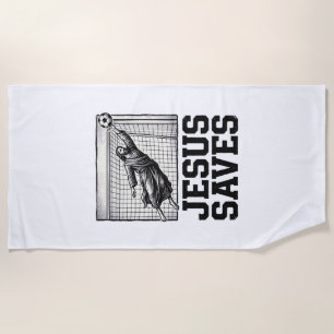 Jesus Saves Soccer Goalie Vintage Engraving Shirt_ Beach Towel
