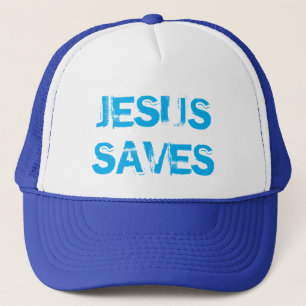 JESUS SAVES TRUCKER HAT - WHITE & ROYAL