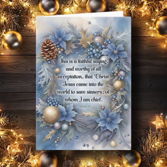 Jesus Saves Verse Blue Floral Christian Christmas Holiday Card (Creator Uploaded)