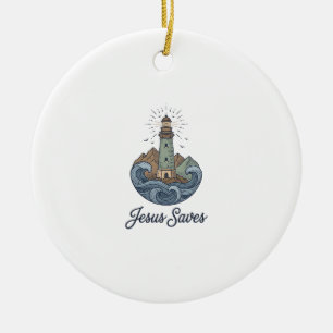 Jesus Saves Vintage Lighthouse Christian Shirt_1 Ceramic Ornament