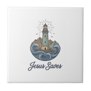 Jesus Saves Vintage Lighthouse Christian Shirt_1 Ceramic Tile