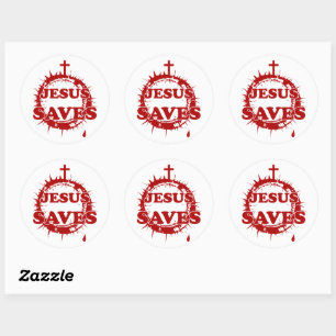 Jesus Saves with Cross and Crown of Thorns Classic Round Sticker