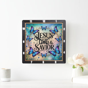 Jesus Savior Floral Butterfly Square Wall Clock
