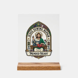 Jesus Sewing Repair Mended Heart Jesus Sewing Repa Acrylic Sign