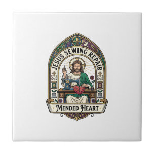 Jesus Sewing Repair Mended Heart Jesus Sewing Repa Ceramic Tile