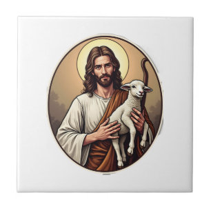 Jesus Shepherd Circle Vintage Engraving Shirt Ceramic Tile