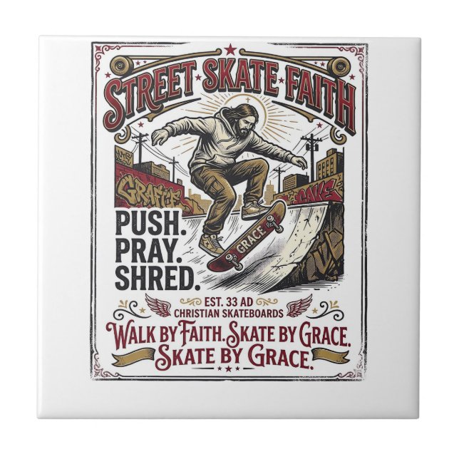Jesus Skate Longboard Shirt Christian Ceramic Tile (Front)