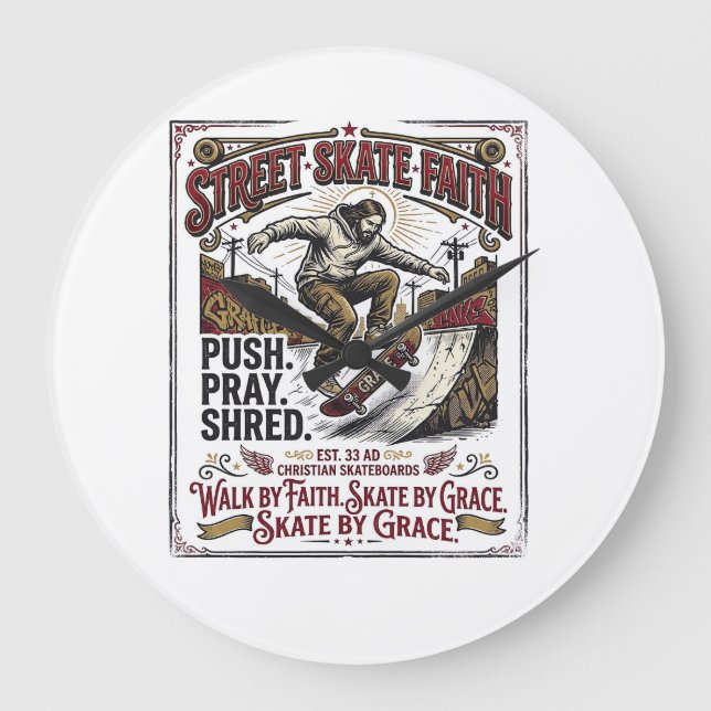 Jesus Skate Longboard Shirt Christian Large Clock (Front)