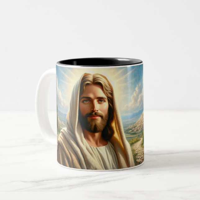 Jesus Smiling Under a Heavenly Sky Two-Tone Coffee Mug (Front Left)