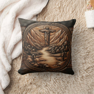 Jesus Standing Above a Serene Landscape Cushion