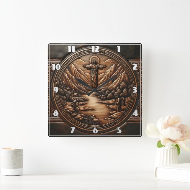 Jesus Standing Above a Serene Landscape Square Wall Clock (Home)