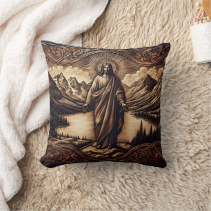Jesus Standing Before Majestic Mountains at Dawn Cushion