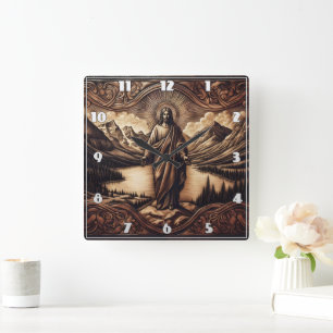 Jesus Standing Before Majestic Mountains at Dawn Square Wall Clock
