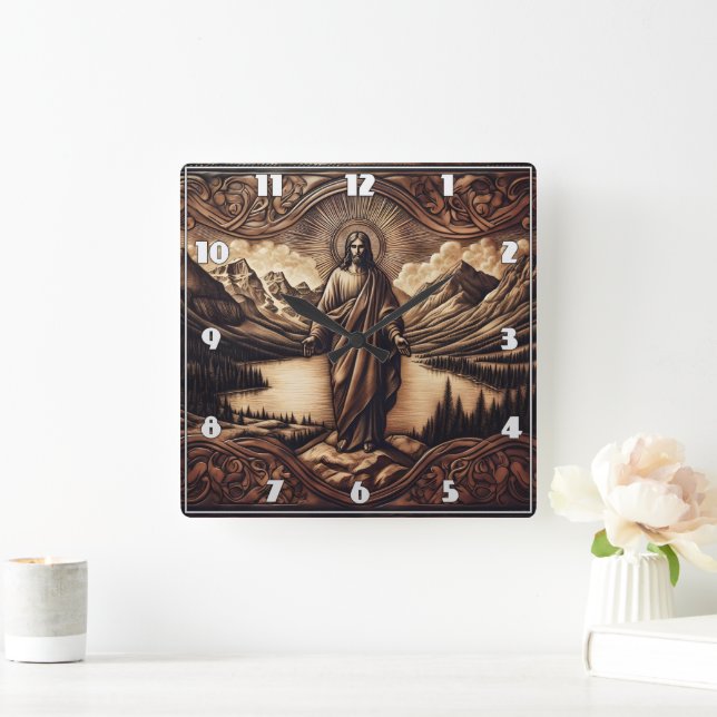 Jesus Standing Before Majestic Mountains at Dawn Square Wall Clock (Home)