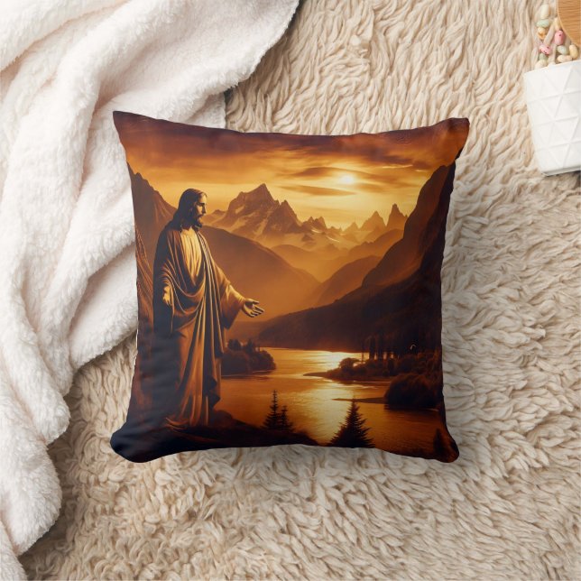 Jesus Standing by River at Sunset in Mountains Cushion (Blanket)