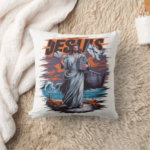 Jesus standing by the sea with a book and boat cushion