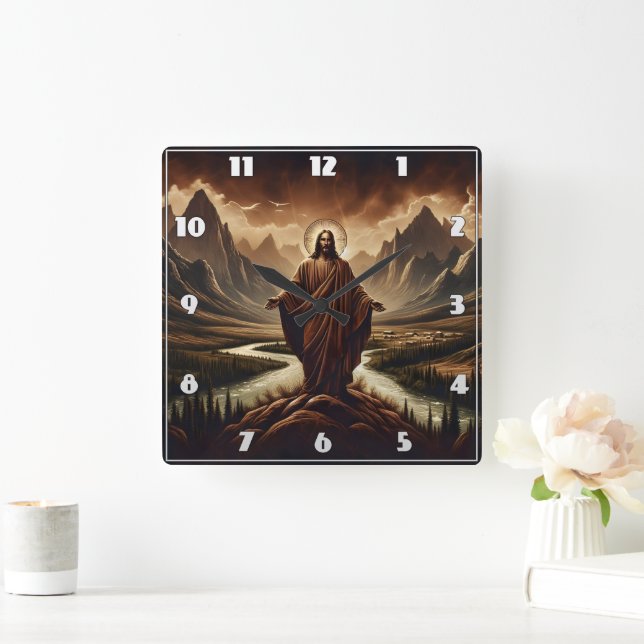 Jesus Standing in Majestic Mountains at Dusk Square Wall Clock (Home)