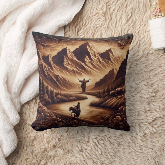 Jesus Standing in Mountains by River at Sunset Cushion (Blanket)
