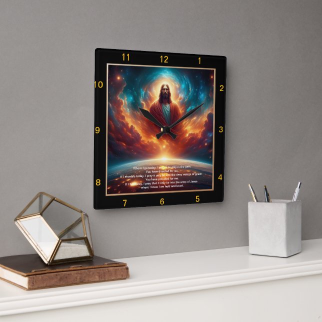 Jesus Standing in Radiant Sunset Square Wall Clock (Office)