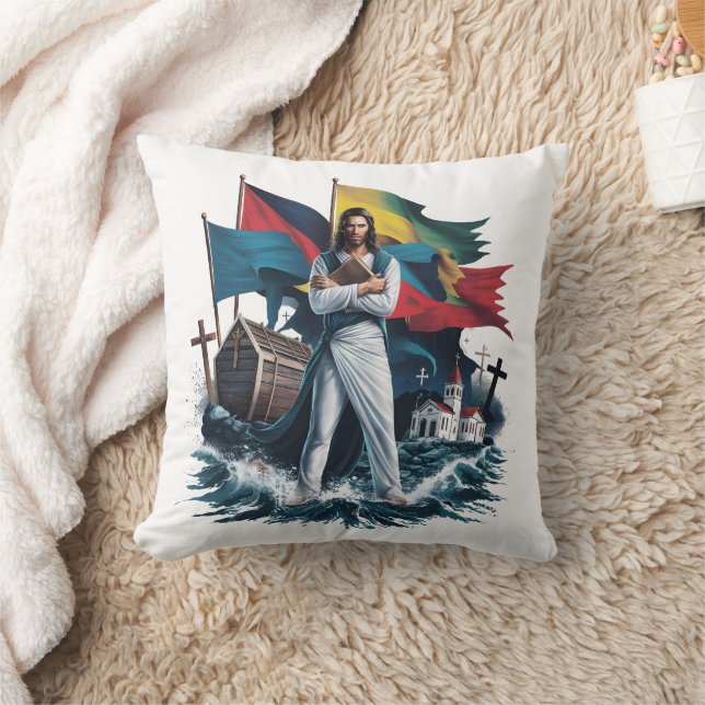 Jesus stands firm among waves and flags cushion (Blanket)