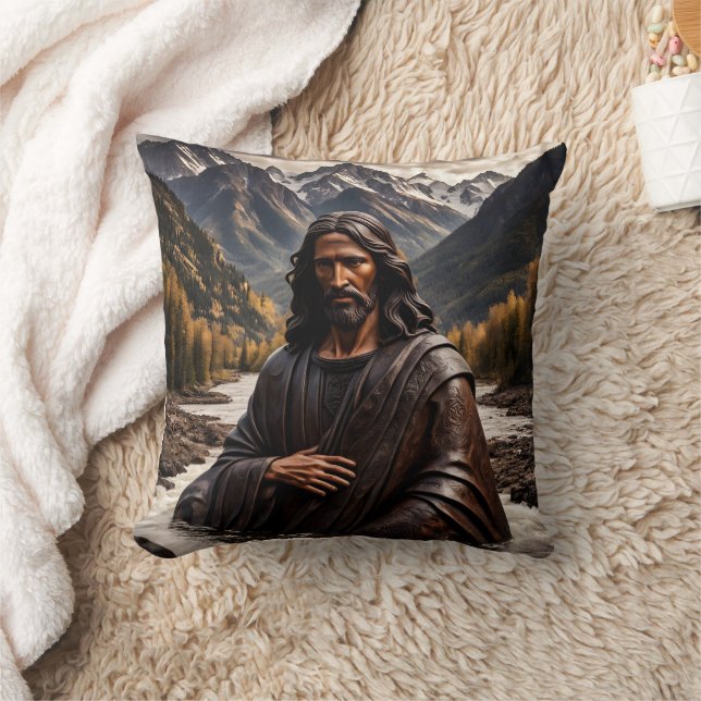 Jesus Statue in Mountain River Landscape Cushion (Blanket)
