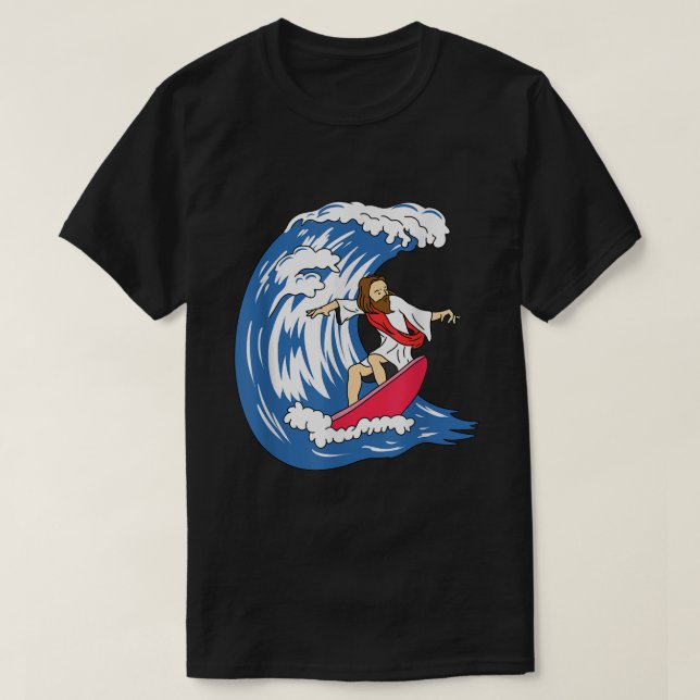 Jesus Surfing Funny Jesus T-Shirt (Design Front)