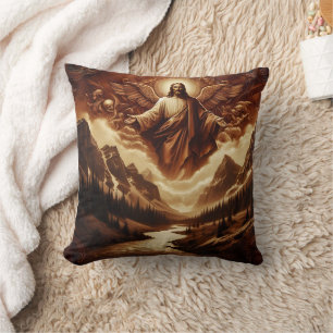 Jesus Surrounded by Angels in Mountain Landscape Cushion
