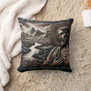 Jesus Surrounded by Majestic Mountains at Dusk Cushion