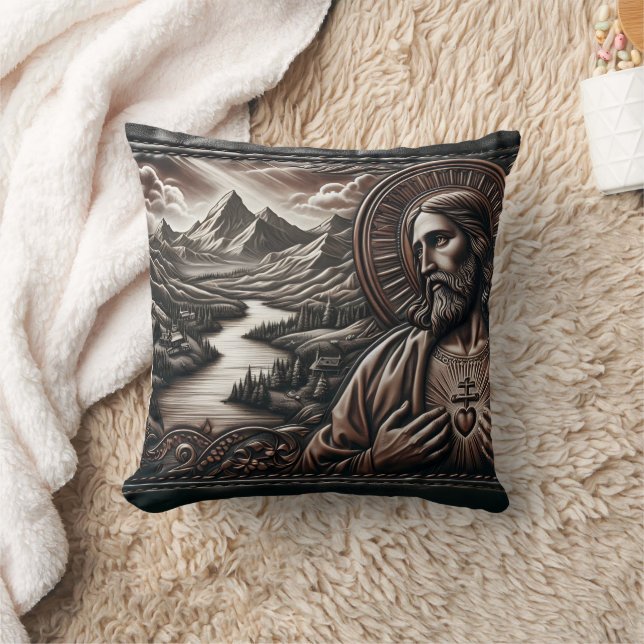 Jesus Surrounded by Majestic Mountains at Dusk Cushion (Blanket)