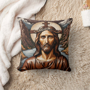 Jesus Surrounded by Mountains and River Cushion