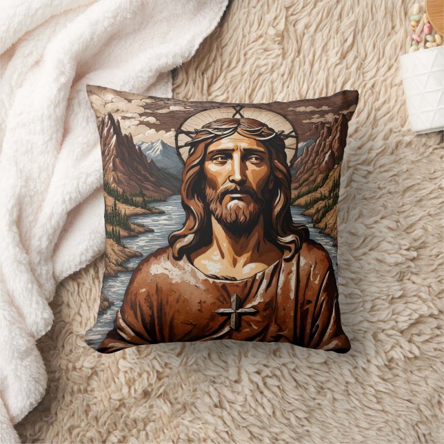 Jesus Surrounded by Mountains and Waterway Cushion (Blanket)