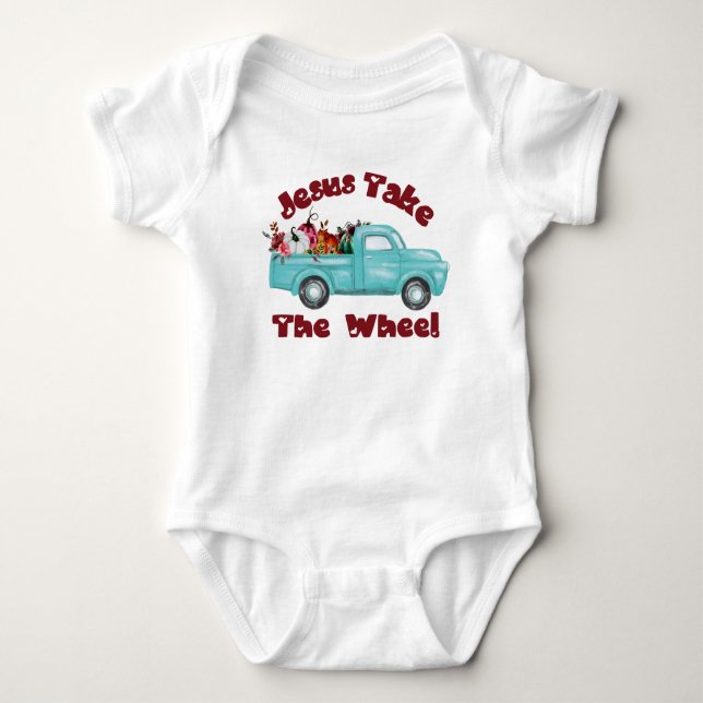Jesus Take The Wheel Funny Christian Baby Bodysuit (Front)