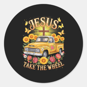 Jesus Take The Wheel Vintage Sunflower Faith Outfi Classic Round Sticker