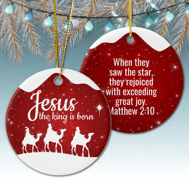 Jesus the King is Born Divine Passage ⛪️ 🎄 Ceramic Ornament (Customizable phrase Jesus the King is Born, Inspirational Holiday Ceramic Ornament Red Sparkle 🤴✞)