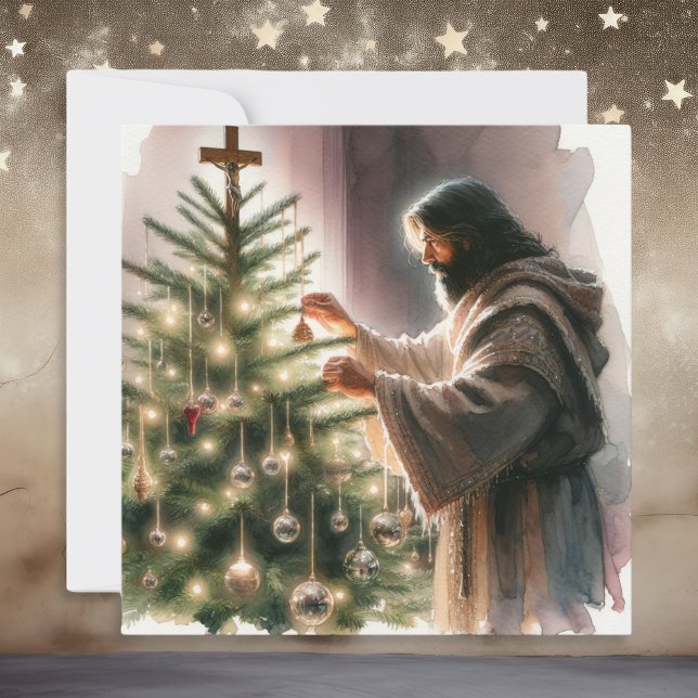 Jesus the Messiah Decorating Christmas Tree Holiday Card (Creator Uploaded)